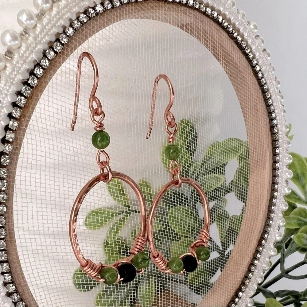 Wire Wrap Copper Earrings with Green Jade & Black Lava Stone